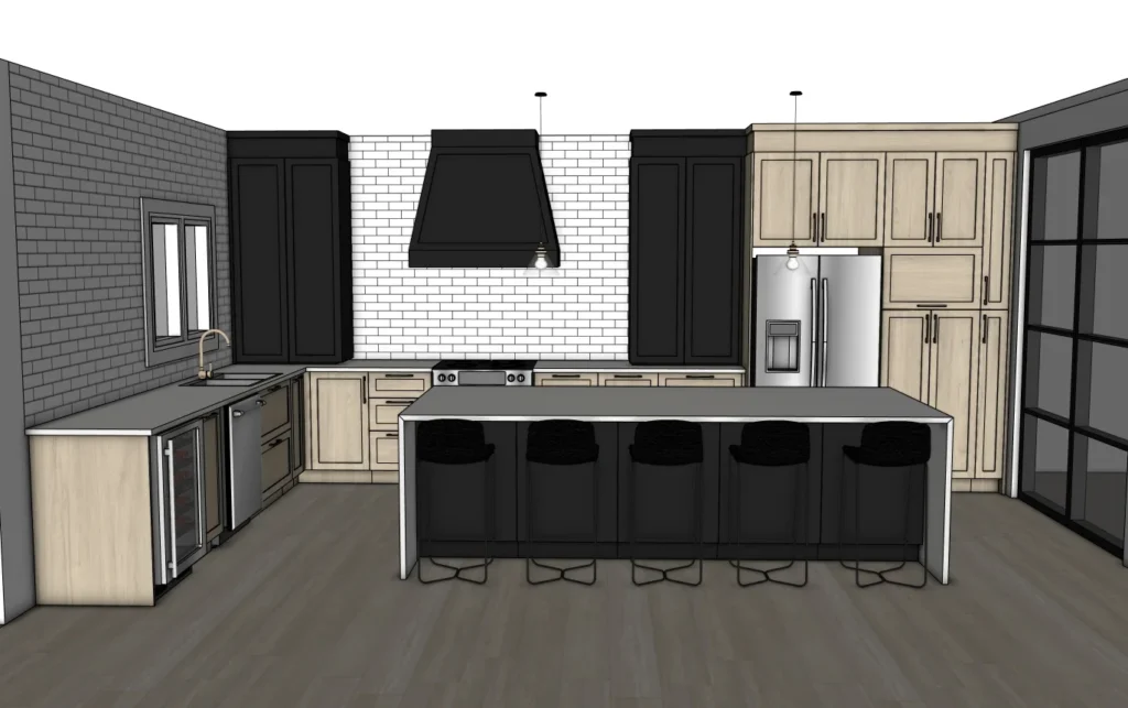 Rendu 3D d'une cuisine de style Industriel - Caissons noir et bois